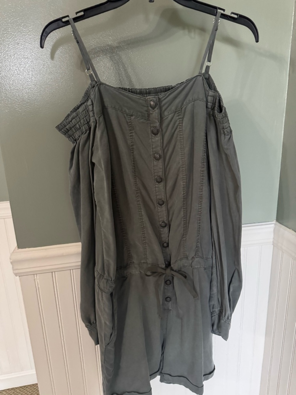 The Kooples Olive Green Cold-Shoulder Button-Front Tunic Romper